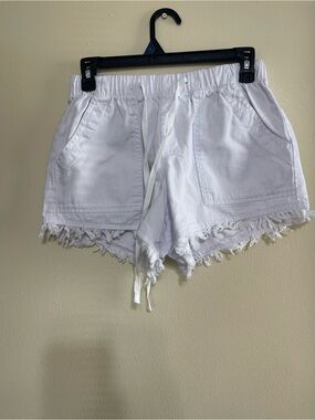 Casual Drawstring Fringe Hem White Women’s Shorts